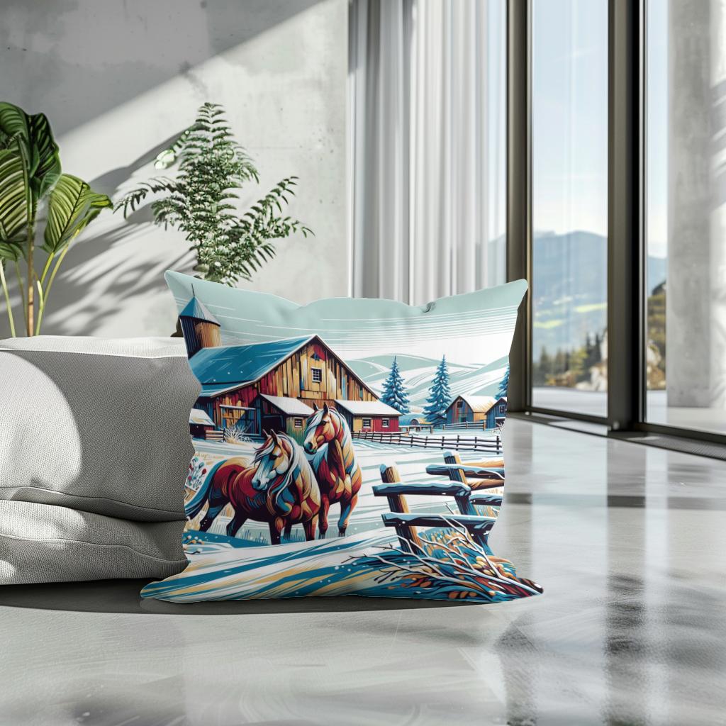 Whimsical Winter Farm Cotton Cushion