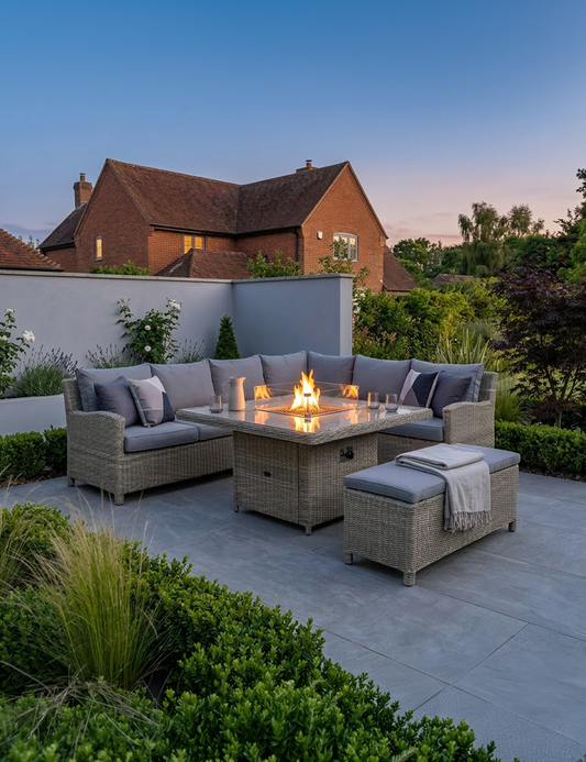 Wentworth 8 Seater Deluxe Modular Corner Dining & Lounging Set with Square Fire Pit Table