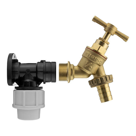 Wall Flange Kit 20mm MDPE - Brass Garden Tap 1/2" Barb