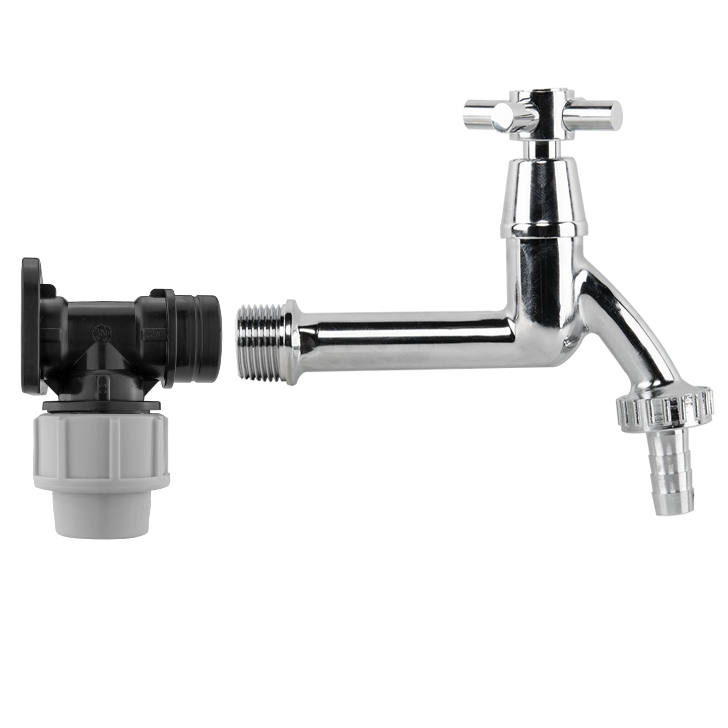 Wall Flange Kit 20mm MDPE - Extended Brass Chrome Tap 1/2" Barb