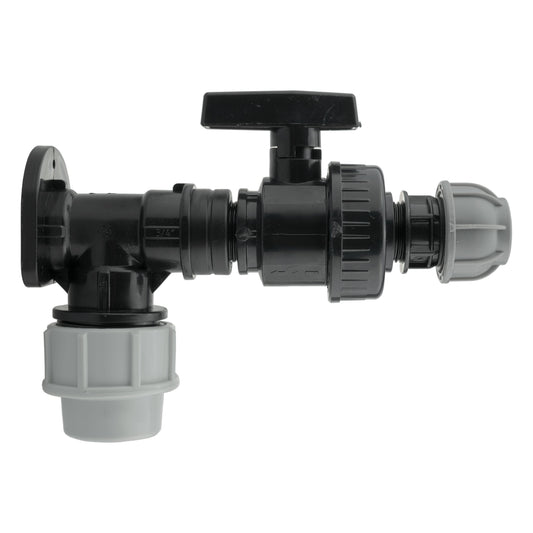 Wall Flange Kit 32mm MDPE + Large Plastic Valve & 20mm MDPE Straight