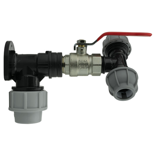 Wall Flange Kit 32mm MDPE + Lever Valve + 20mm MDPE Tee