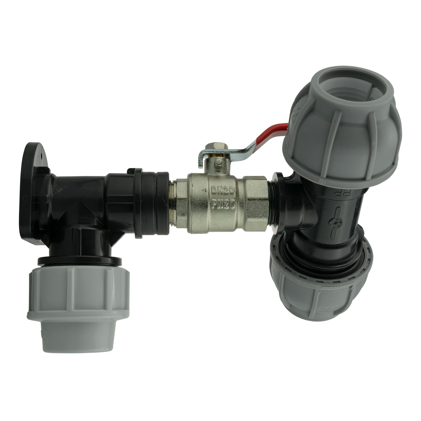 Wall Flange Kit 32mm MDPE + Lever Valve + 32mm MDPE Tee