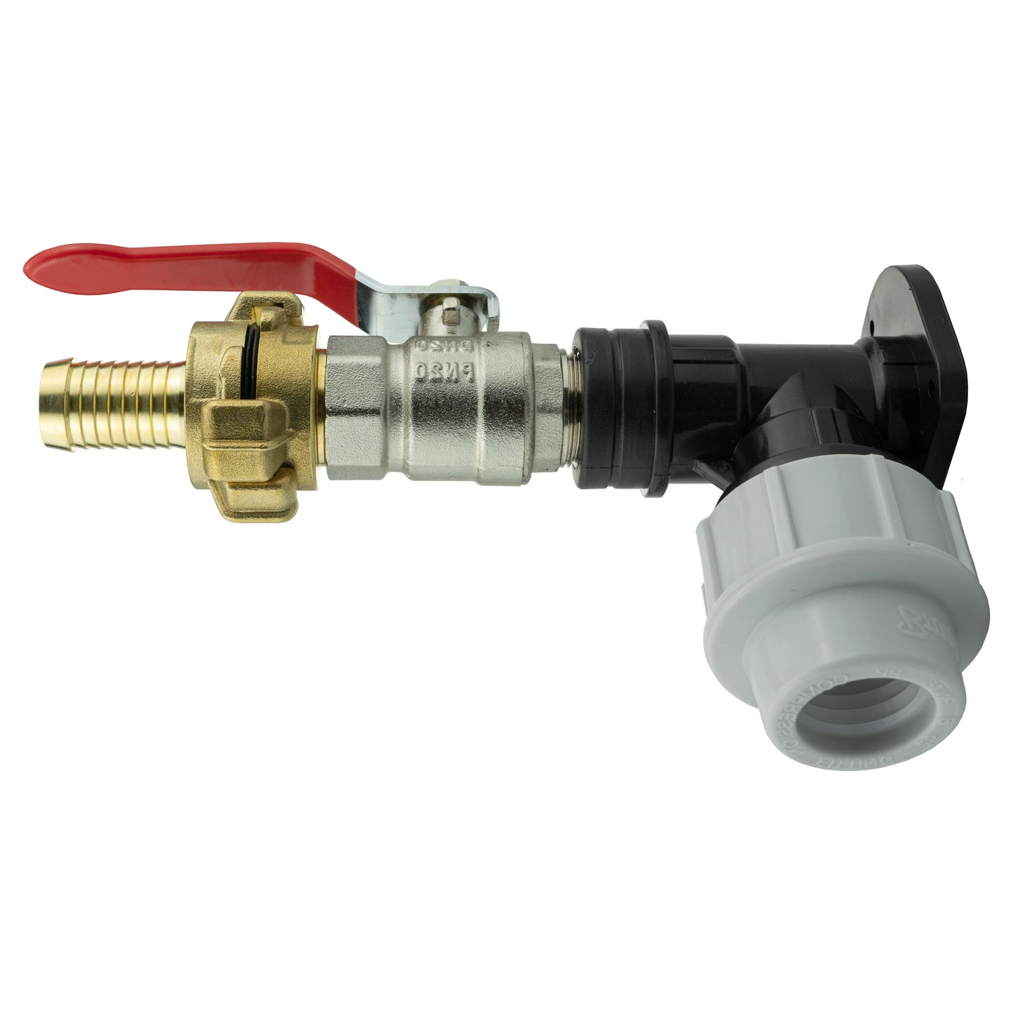 Wall Flange Kit 32mm MDPE + Lever Valve + 19mm Barbed Geka Set