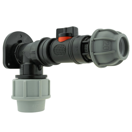 Wall Flange Kit 32mm MDPE + In-Line Valve + 20mm MDPE Joiner
