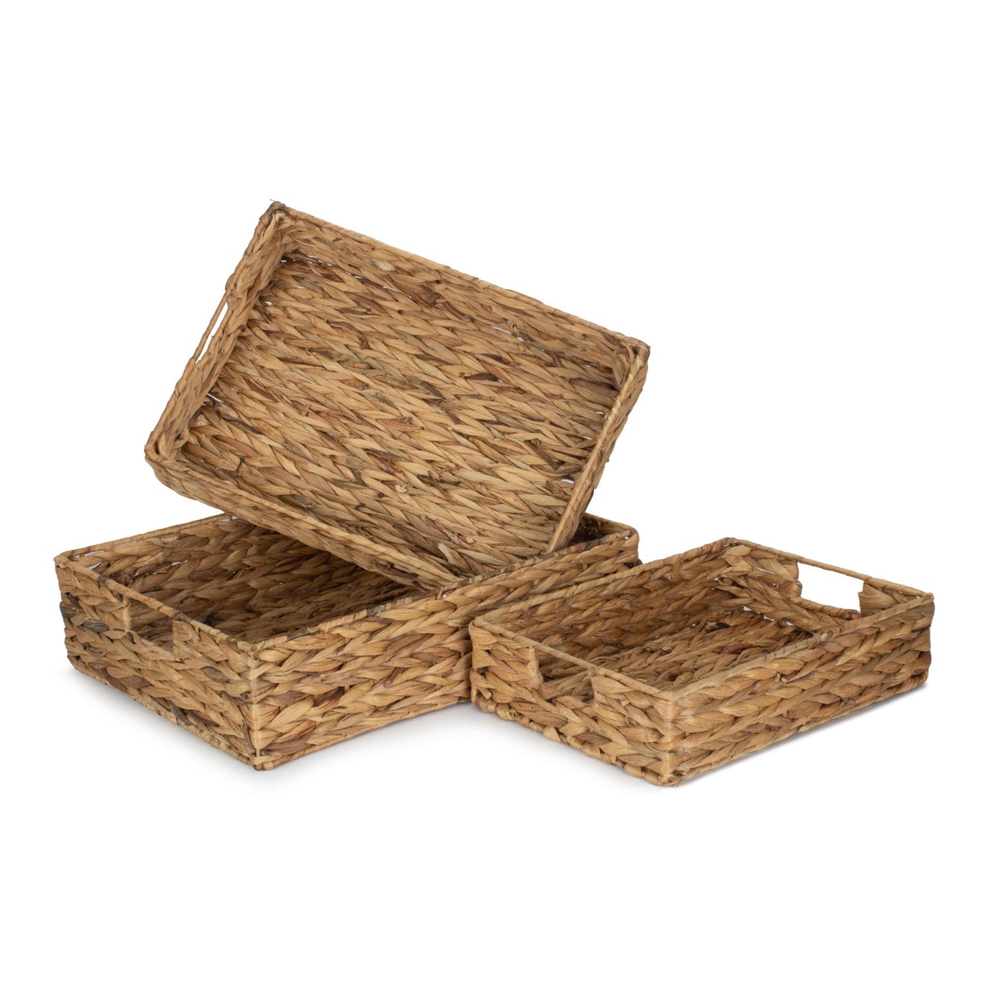 Set of 3 Shallow Rectangular Water Hyacinth Storage Tray Baskets