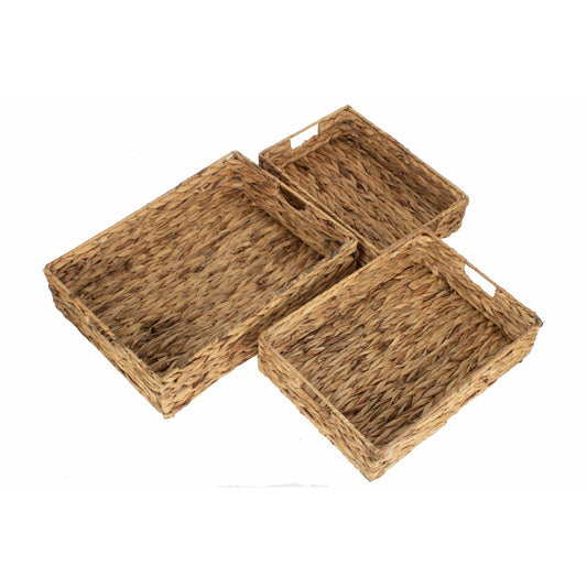 Set of 3 Shallow Rectangular Water Hyacinth Storage Tray Baskets