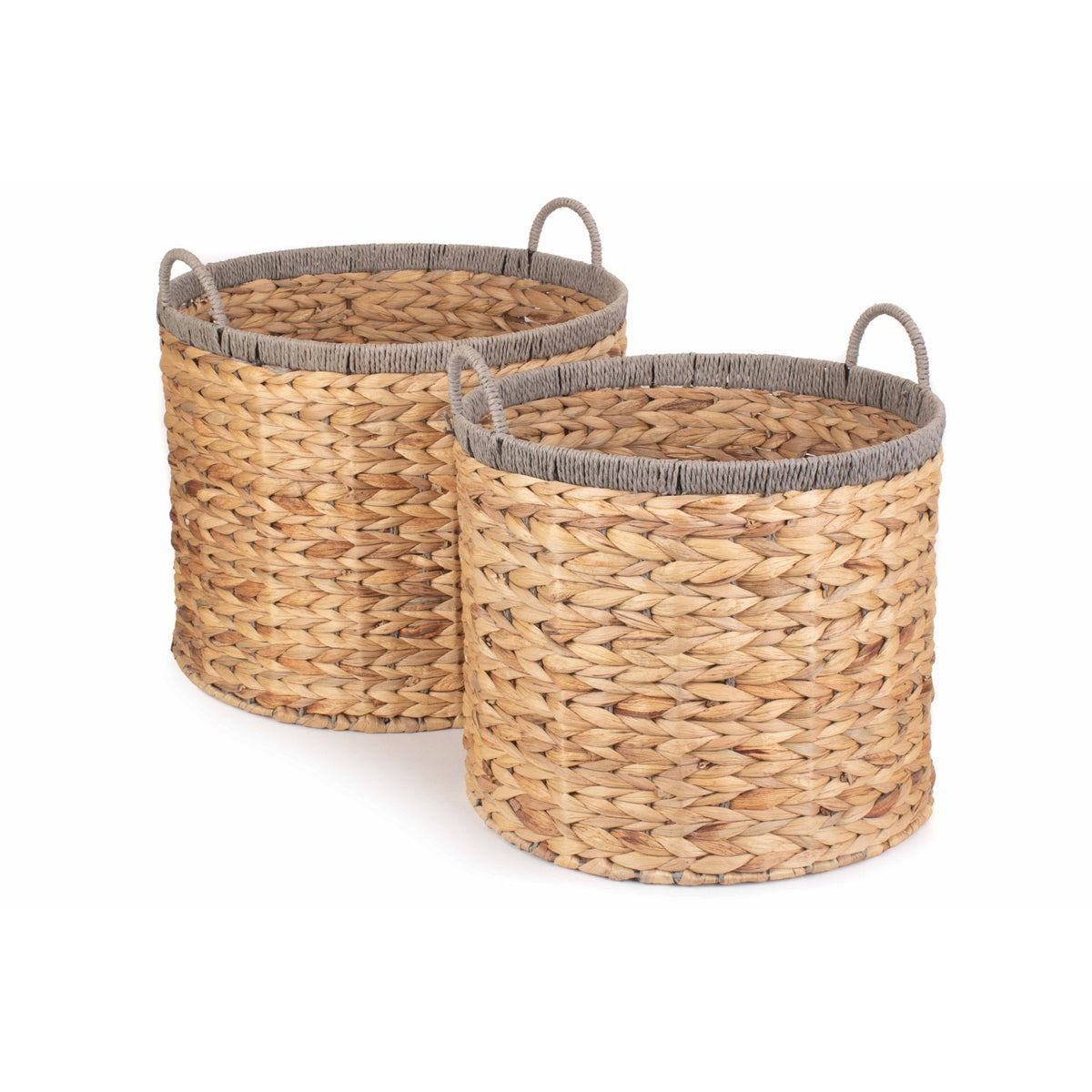 Set of 2 Round Water Hyacinth Storage Baskets with Grey Rope Border