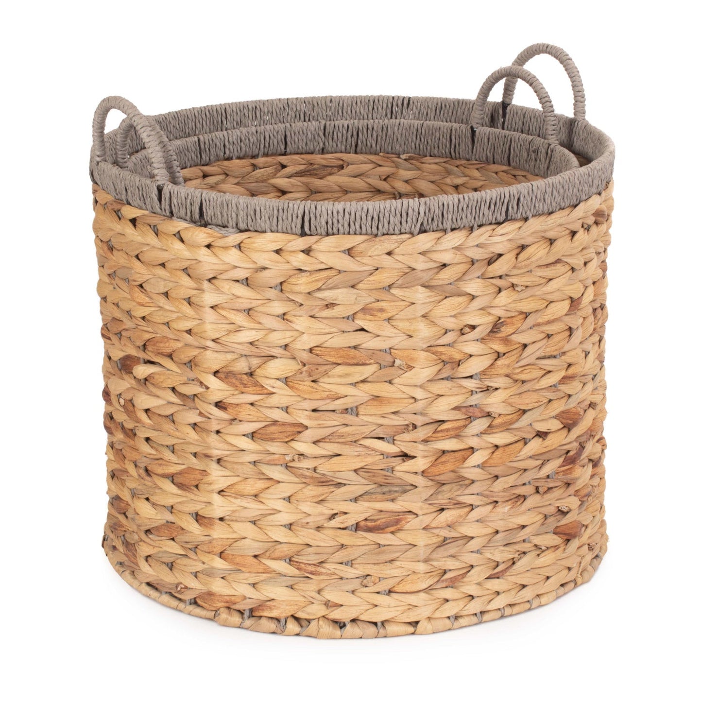 Set of 2 Round Water Hyacinth Storage Baskets with Grey Rope Border