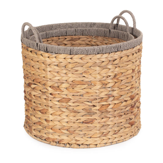 Set of 2 Round Water Hyacinth Storage Baskets with Grey Rope Border
