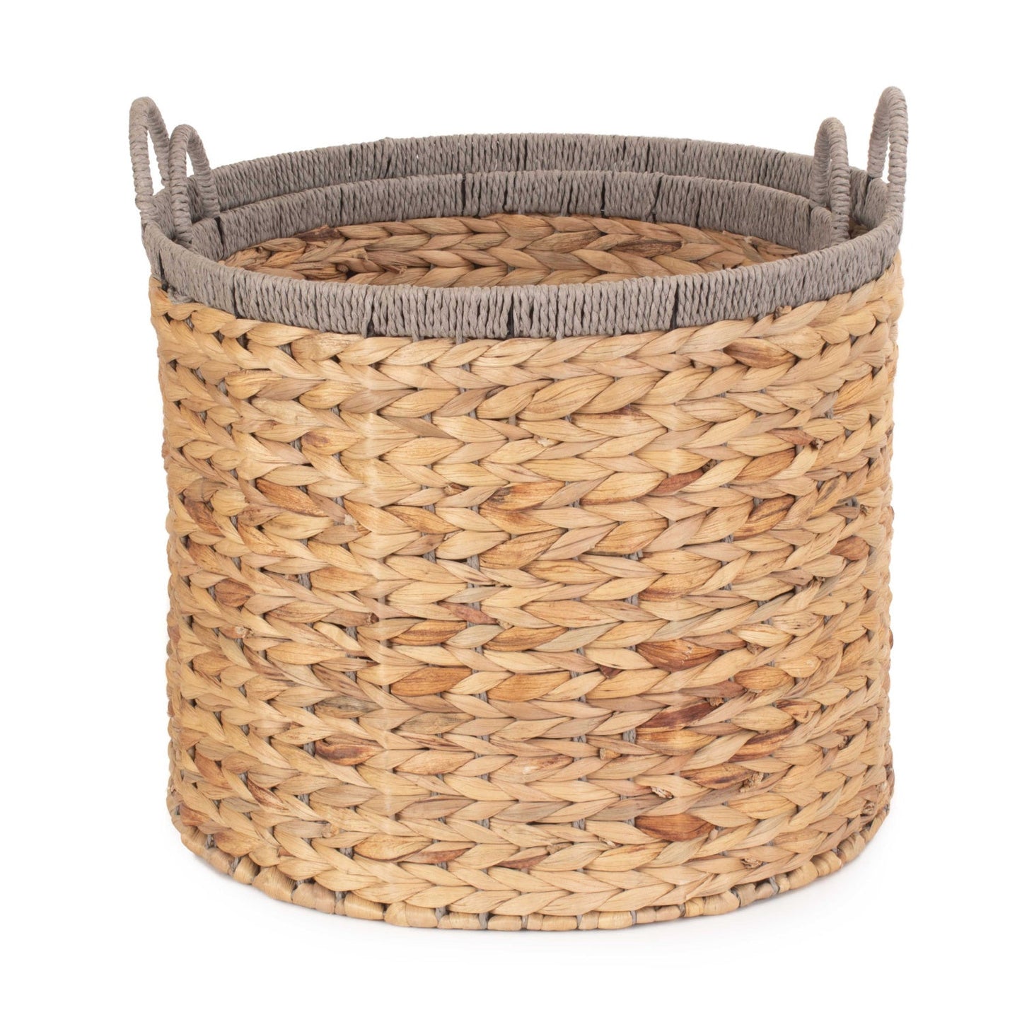 Set of 2 Round Water Hyacinth Storage Baskets with Grey Rope Border