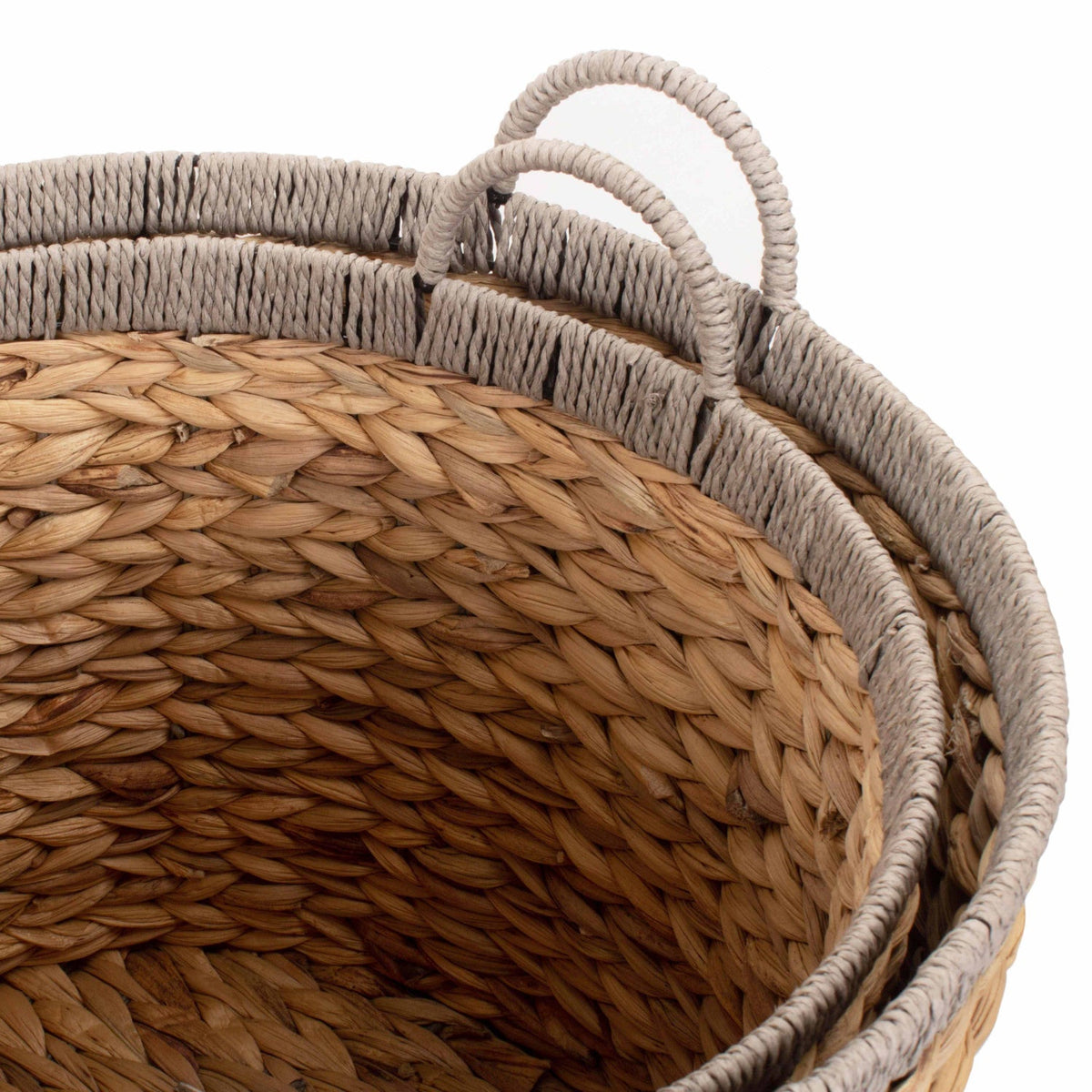 Set of 2 Round Water Hyacinth Storage Baskets with Grey Rope Border