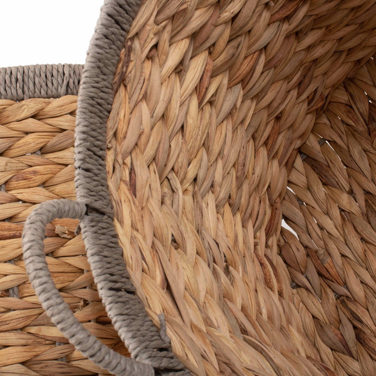 Set of 2 Round Water Hyacinth Storage Baskets with Grey Rope Border