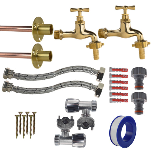 Polished Brass 13mm Barb Tap FULL Connection Kit x2