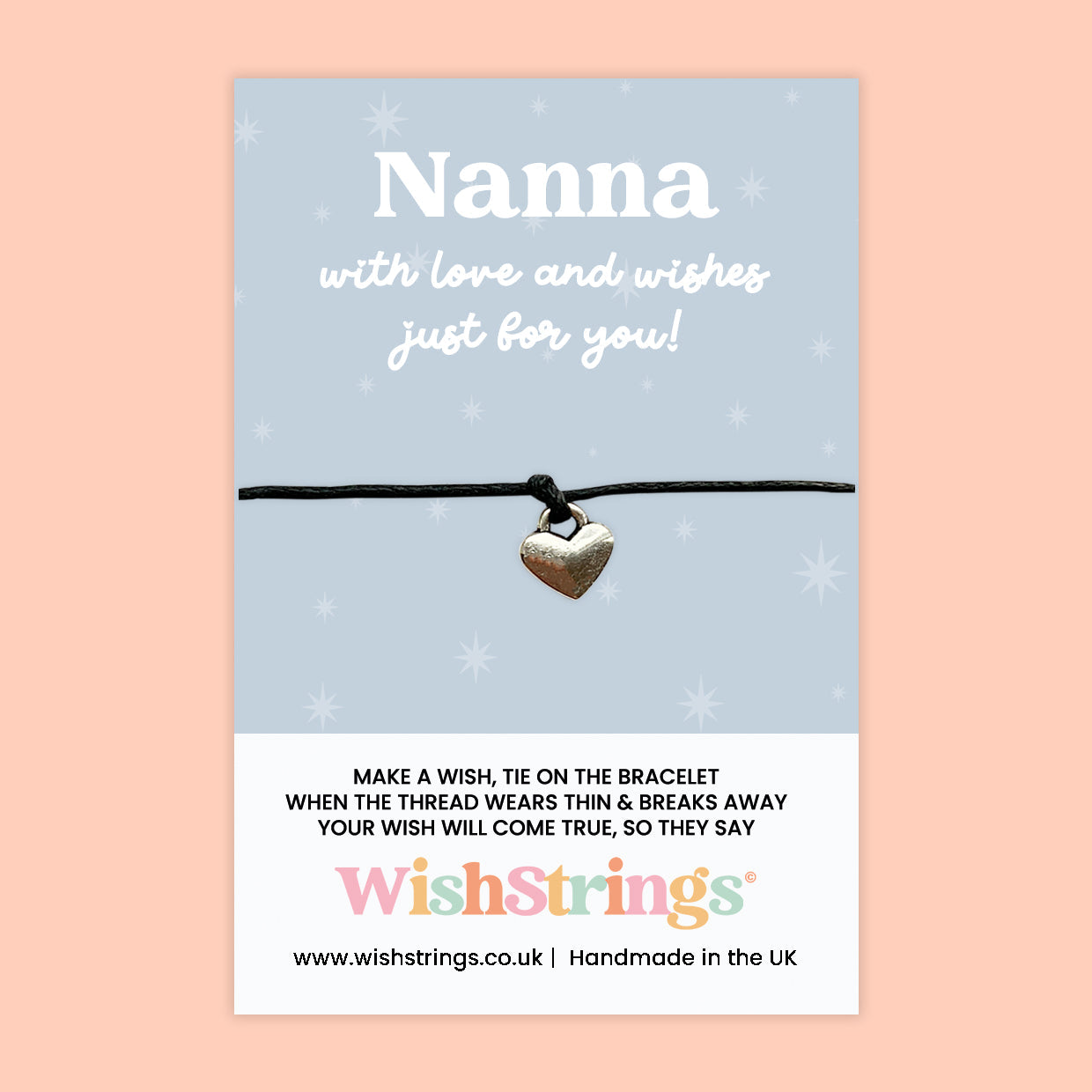 WishStrings Wish Bracelet – Nanna | Thoughtful Gift for Grandma | Handmade Keepsake with Heart Charm for Nan, Nana, or Granny