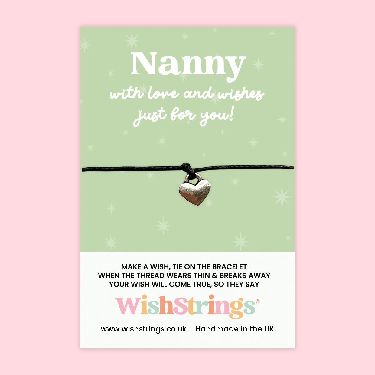WishStrings Wish Bracelet – Nanny | Heartfelt Gift for Grandma | Handmade Keepsake with Silver Heart Charm for Nan, Nanny or Granny