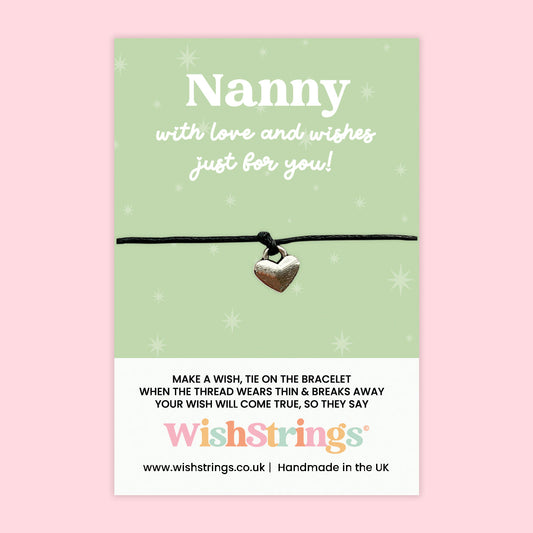 WishStrings Wish Bracelet – Nanny | Heartfelt Gift for Grandma | Handmade Keepsake with Silver Heart Charm for Nan, Nanny or Granny