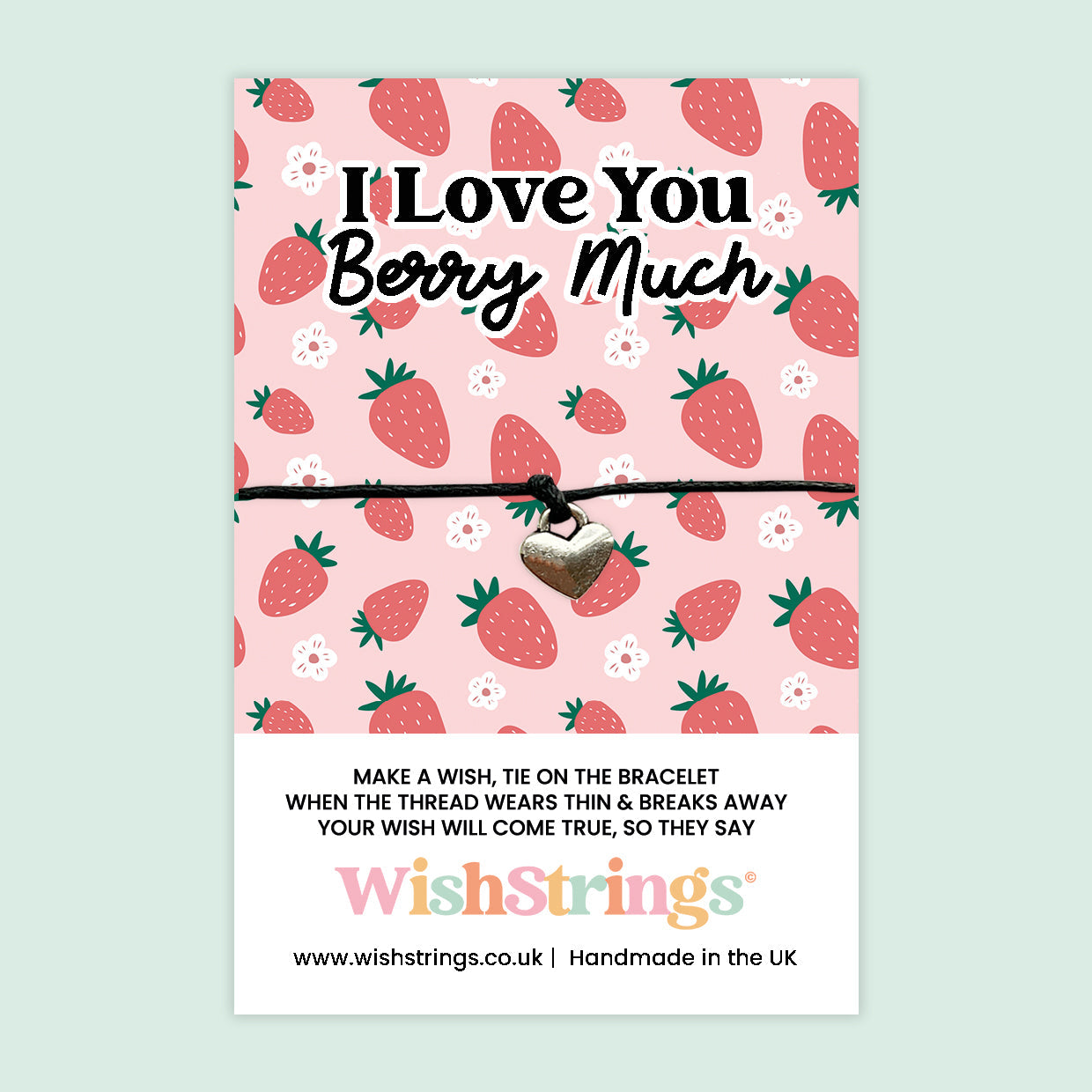 WishStrings ‘I Love You Berry Much’ Wish Bracelet | Cute Pun Gift for Valentine’s Day or Anniversaries | Handmade Strawberry Keepsake Token of Love