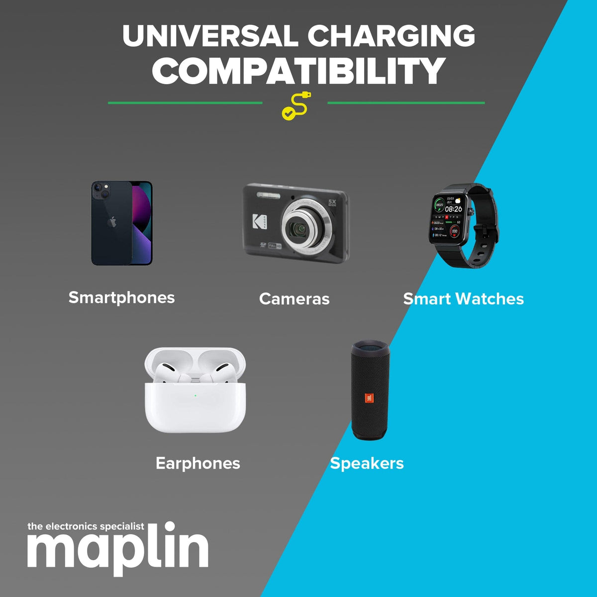 Maplin 5 Port (1x USB-C PD / 4x USB-A 3.0 QC) 20W High Speed USB Charger with 1.6m Cable