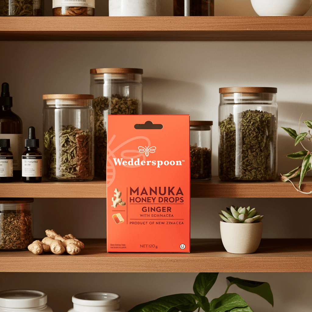 Wedderspoon Mānuka Honey Drops Ginger and Echinacea (20 Drops per box)