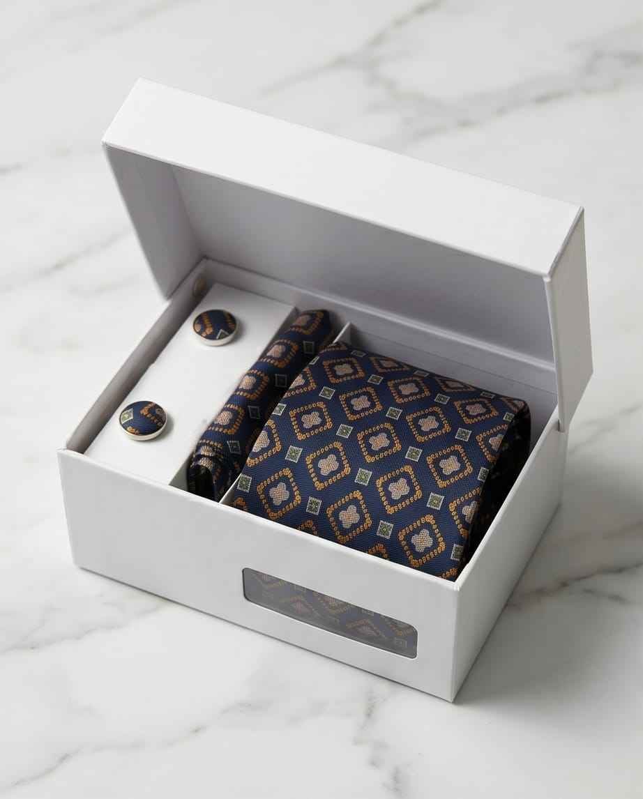 Navy & Gold Geometric Tie Set with Matching Cufflinks