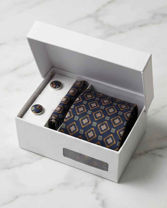 Navy & Gold Geometric Tie Set with Matching Cufflinks