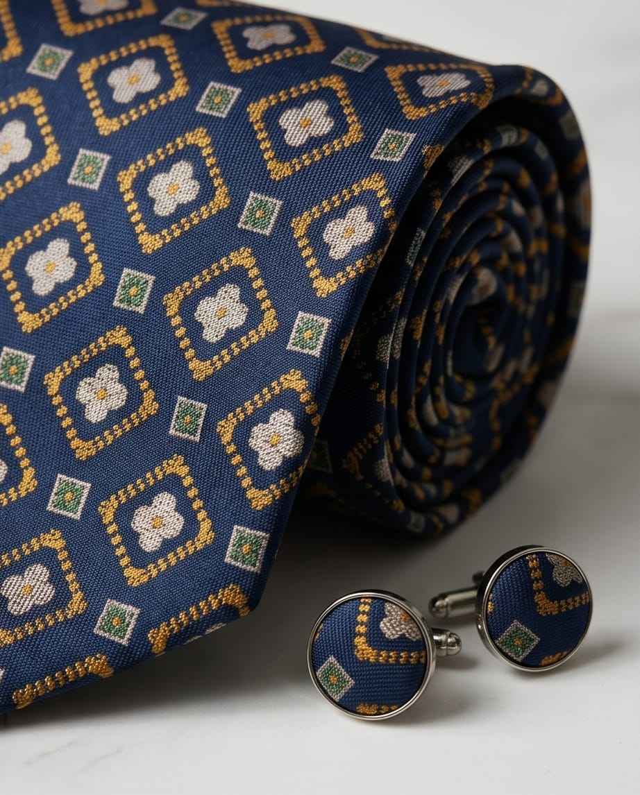 Navy & Gold Geometric Tie Set with Matching Cufflinks