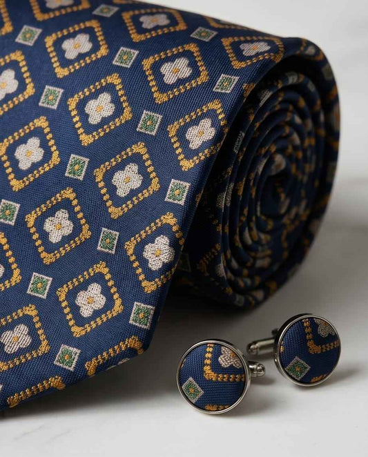 Navy & Gold Geometric Tie Set with Matching Cufflinks