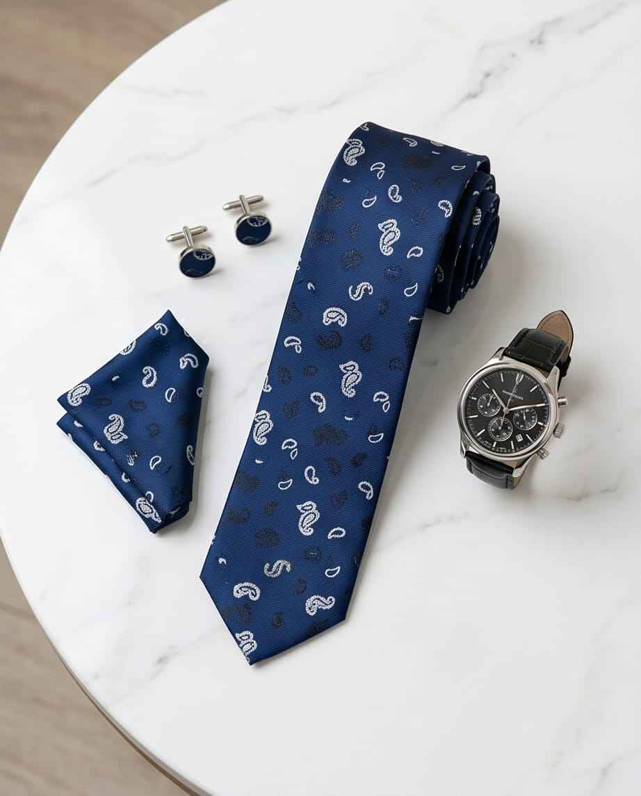 Sophisticated Paisley Ensemble: Navy Blue Tie, Cufflinks & Pocket Square Gift Set