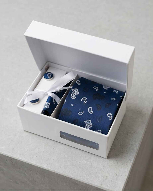 Sophisticated Paisley Ensemble: Navy Blue Tie, Cufflinks & Pocket Square Gift Set