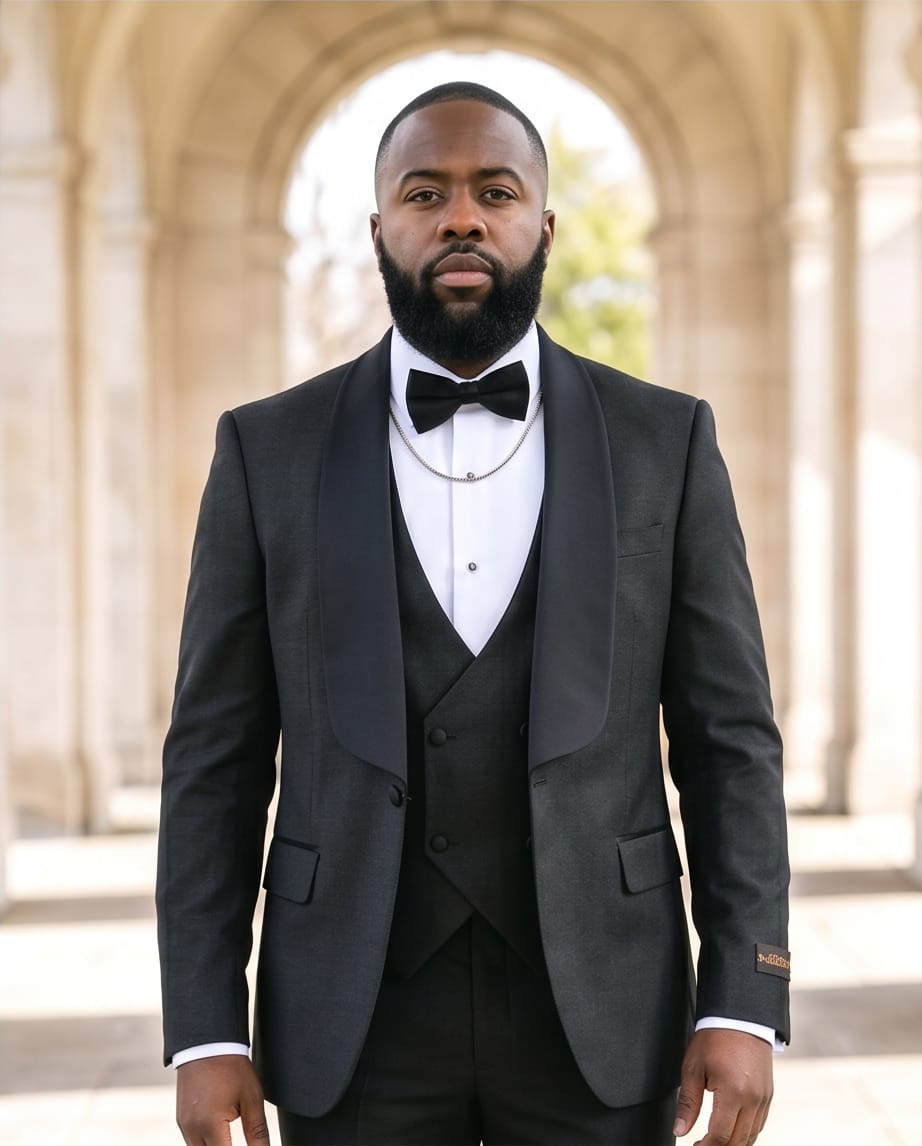 Men’s Slim Fit Wool-Blend Tuxedo with Satin Shawl Lapels – Charcoal