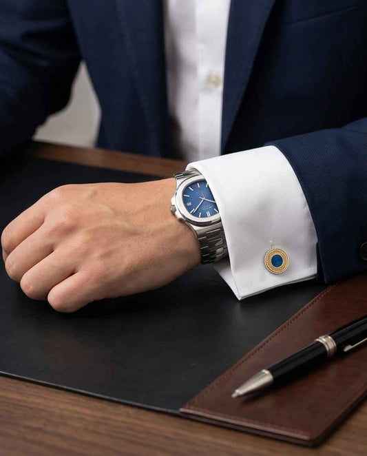 Ornate Blue & Gold Round Cufflinks