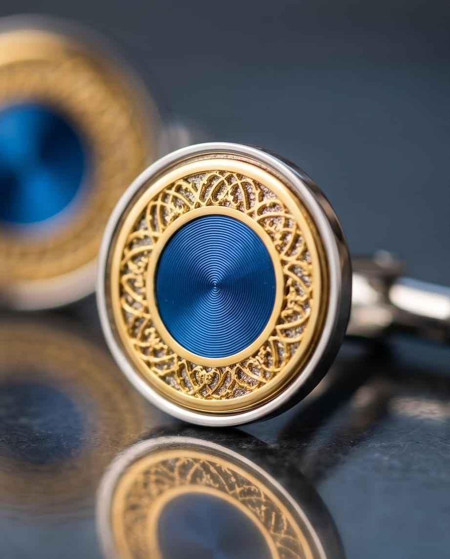 Ornate Blue & Gold Round Cufflinks