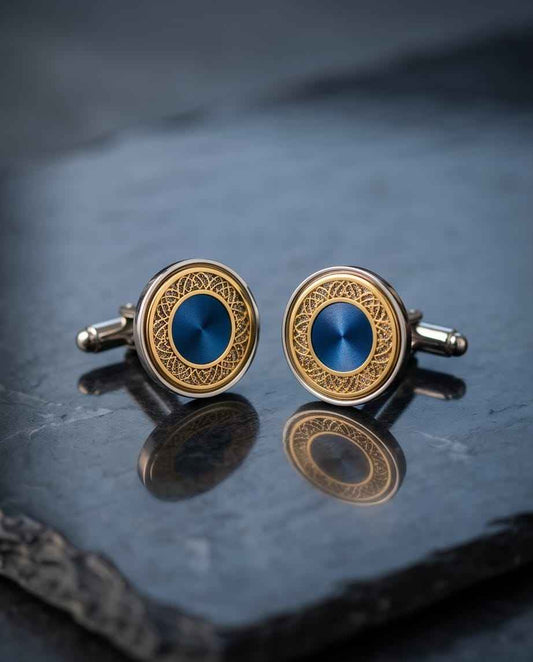 Ornate Blue & Gold Round Cufflinks