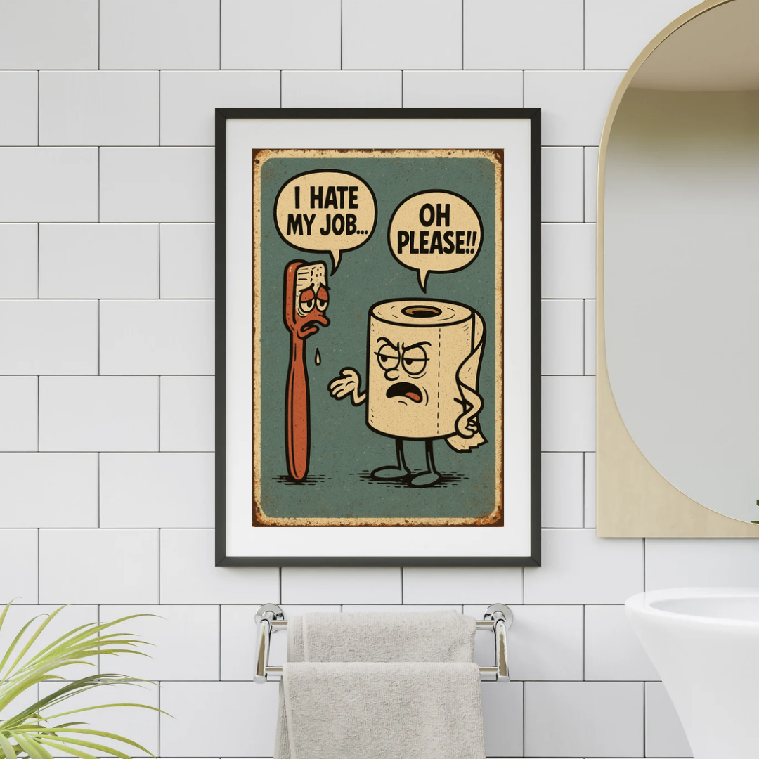 Funny Bathroom Wall Art – Talking Toilet Roll & Toothbrush Comic Print