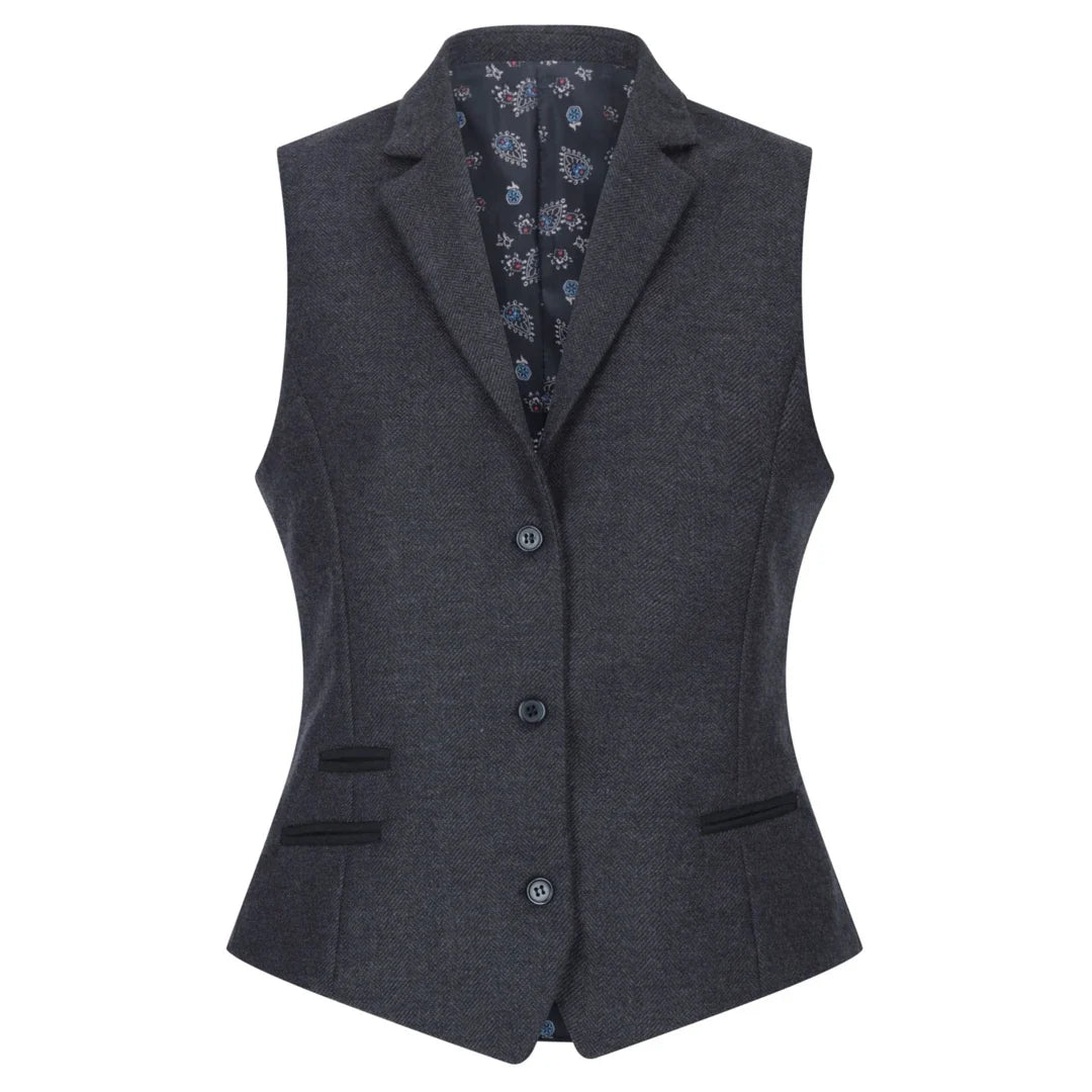 Women Black Blazer Waistcoat Tweed Herringbone Wool Classic 1920s