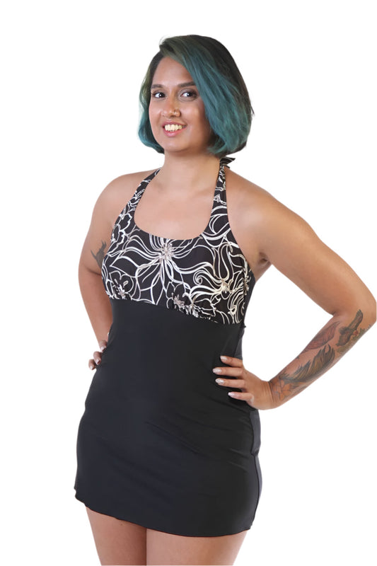 Women’s Incontinence Swim Dress with Built-In Waterproof Briefs – Black Floral