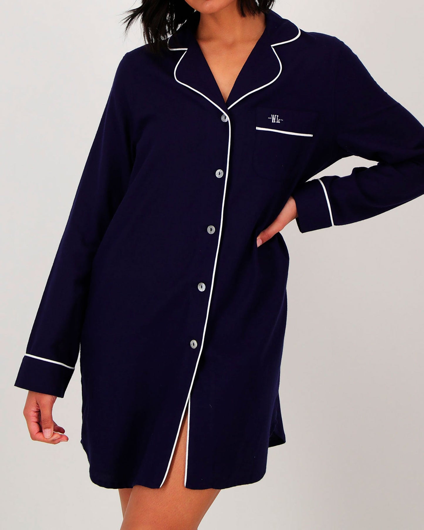 Women's Sleep Shirt - Navy Flannel with White Piping