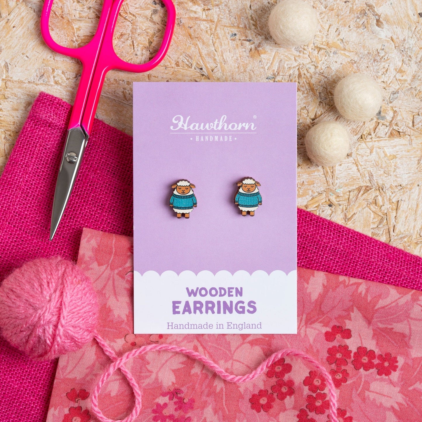 Woolly Sheep Wooden Earrings  - Knitting Gift