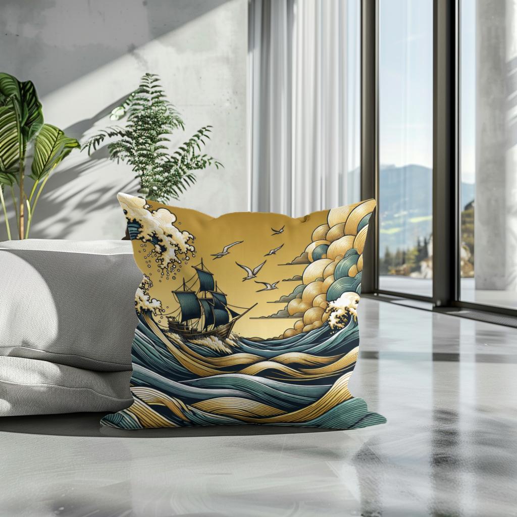 Golden Seascape Voyage Cotton Cushion