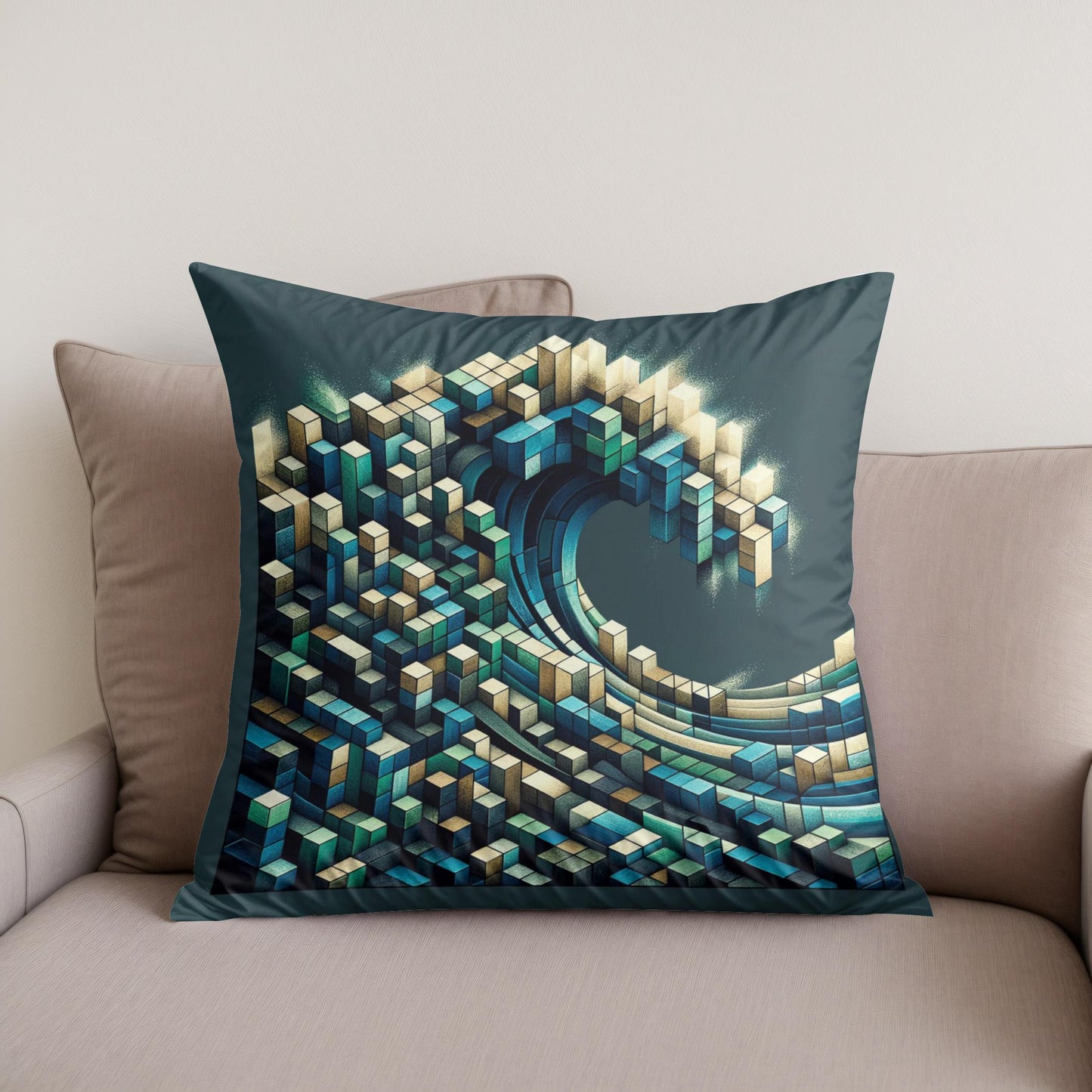 Cubist Ocean Wave Mosaic Cotton Cushion