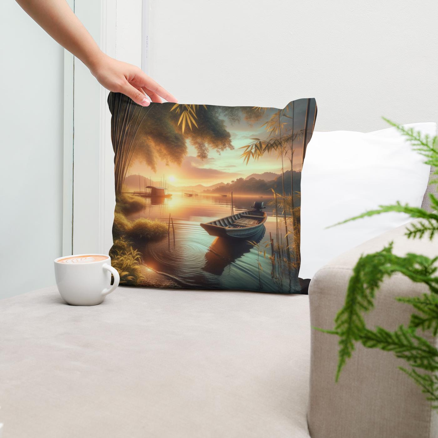 Lakeside Sunset Serenity Cotton Cushion