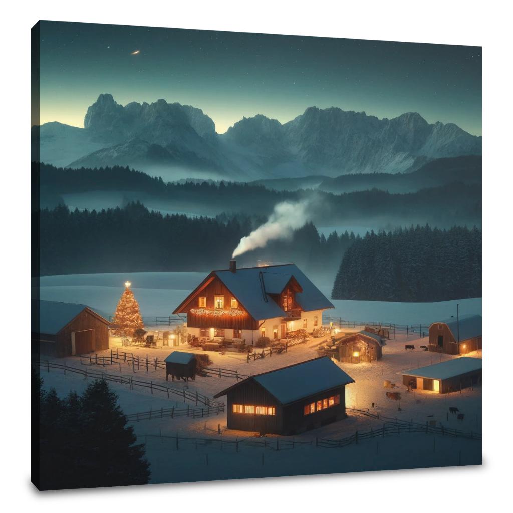Mountain Farm Holiday Night Canvas