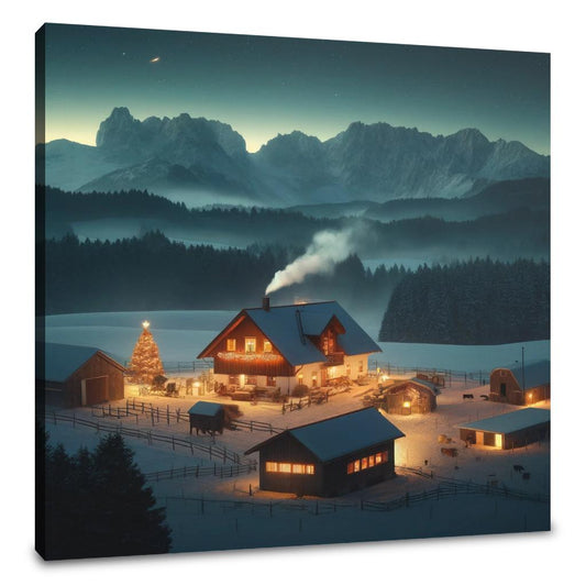 Mountain Farm Holiday Night Canvas