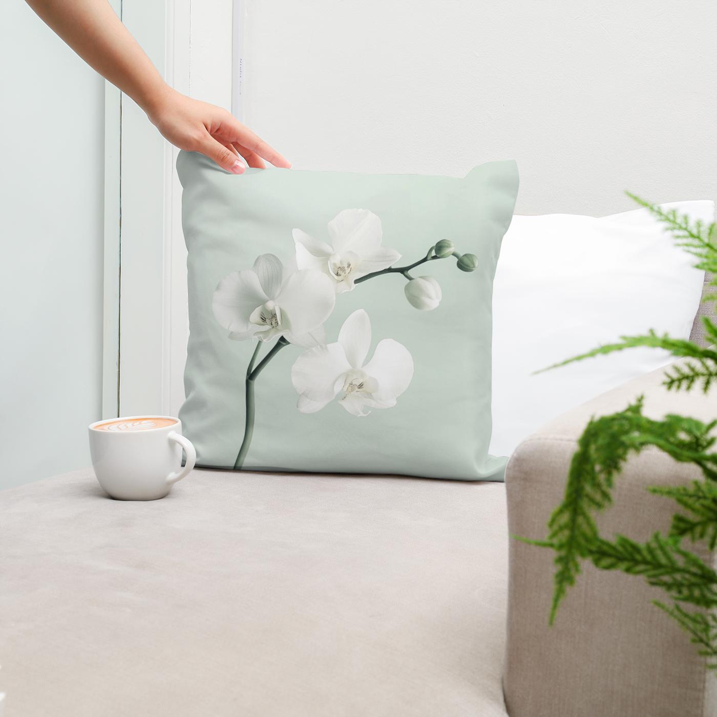 White Orchid on Mint Cotton Cushion