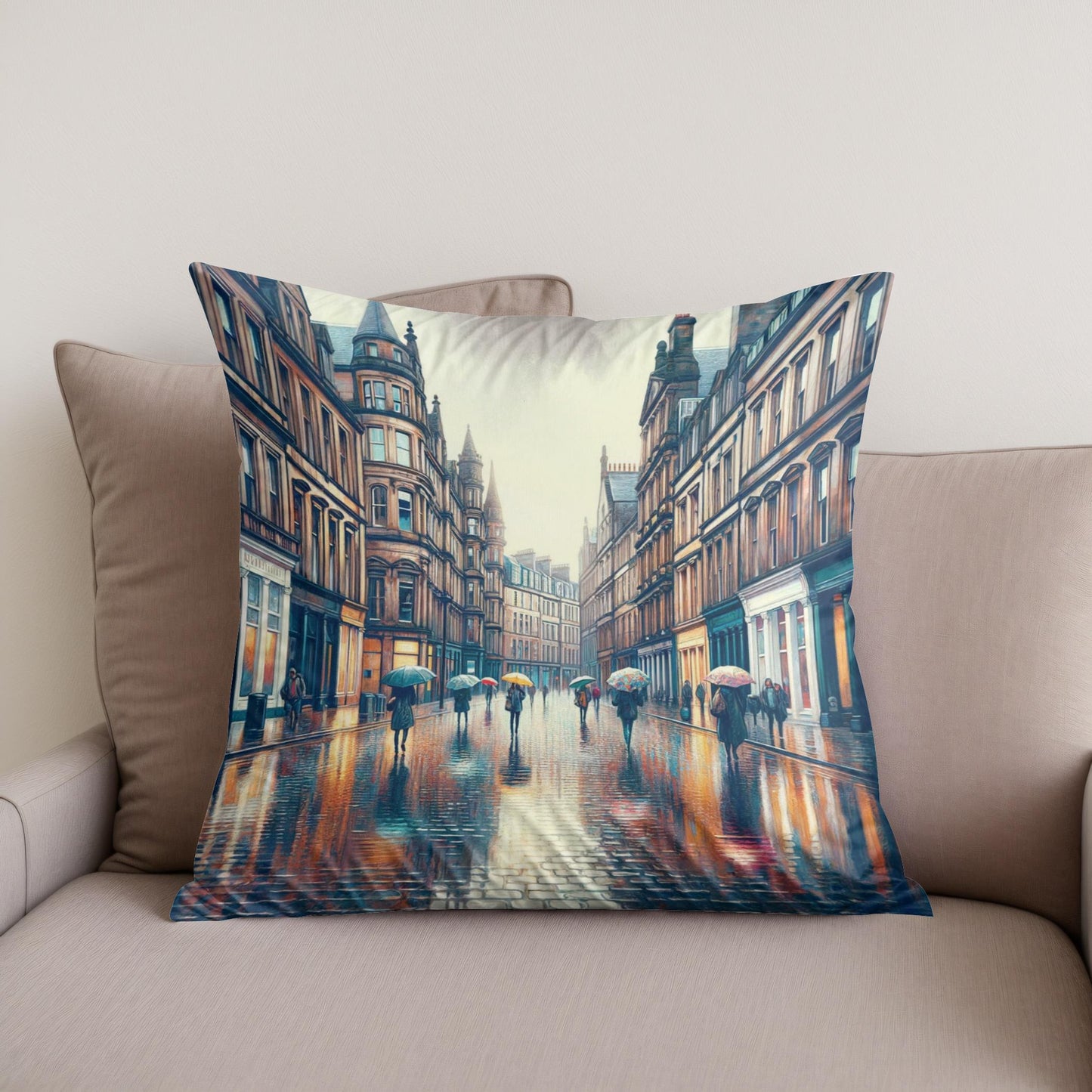 Rainy Glasgow Street Cotton Cushion