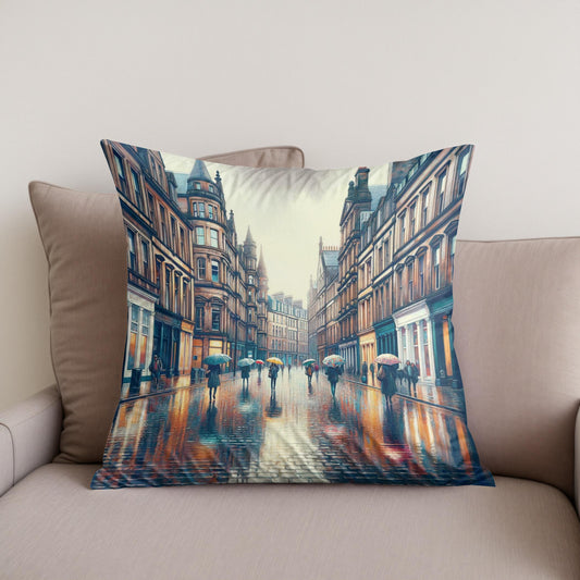 Rainy Glasgow Street Cotton Cushion