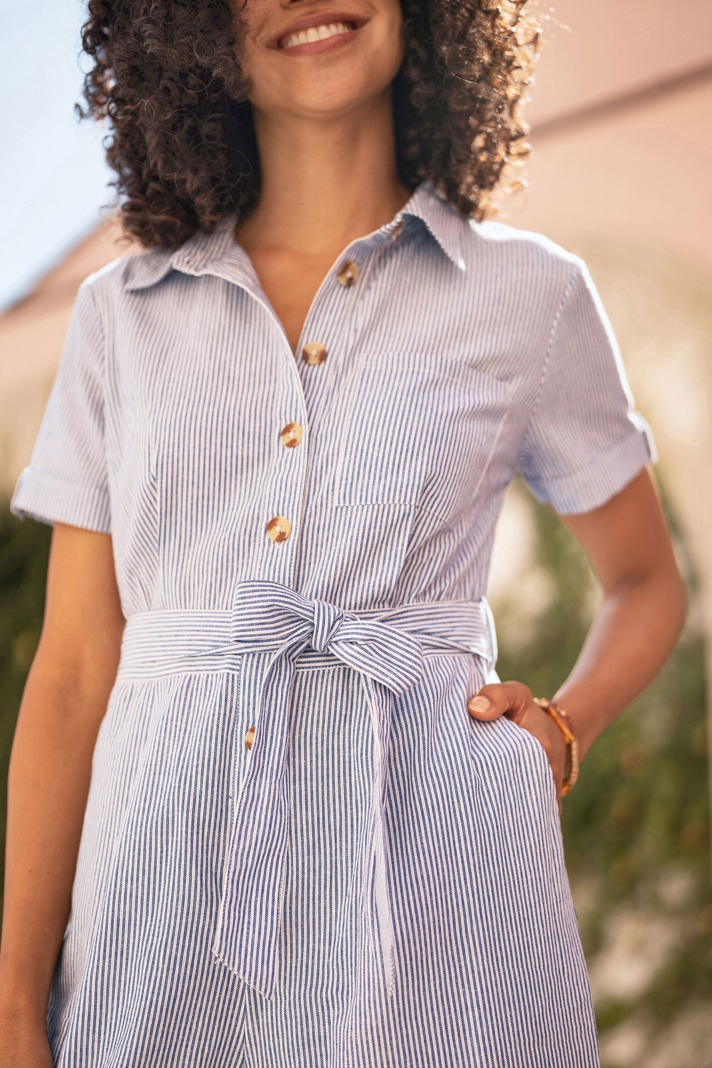 Yumi Blue Pinstripe Cotton Jumpsuit