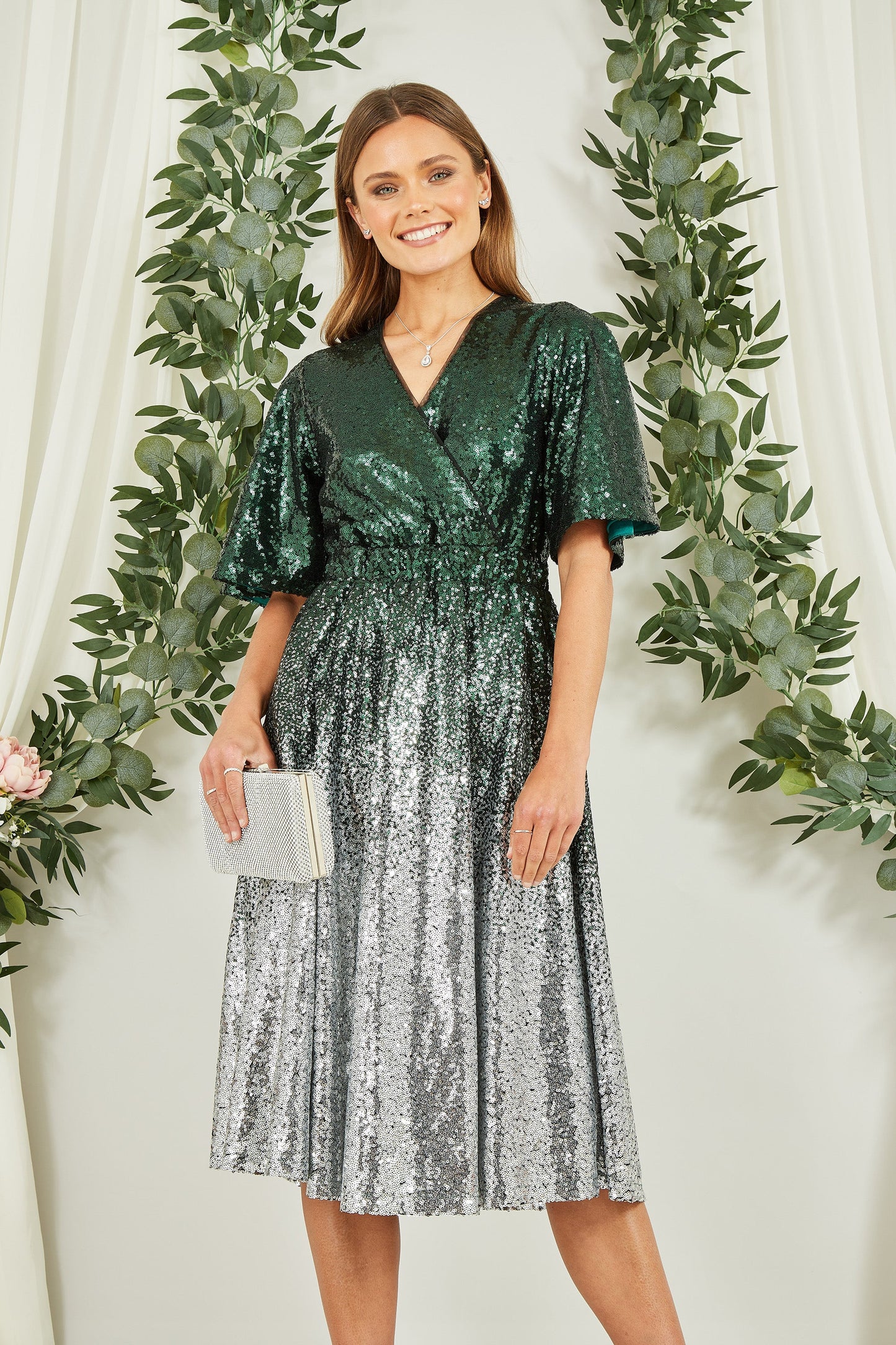 Yumi Green and Silver Ombre Sequin Midi Wrap Dress