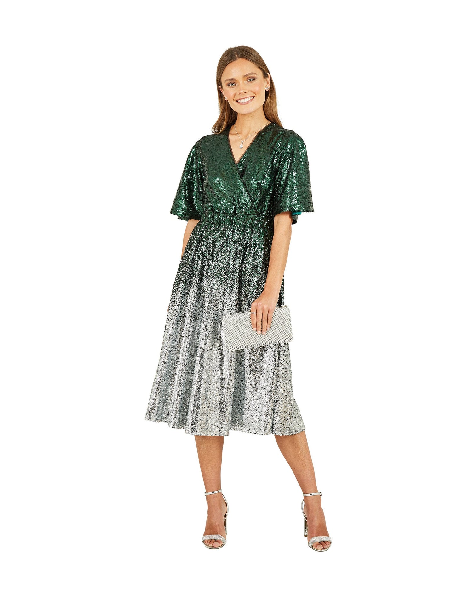 Yumi Green and Silver Ombre Sequin Midi Wrap Dress
